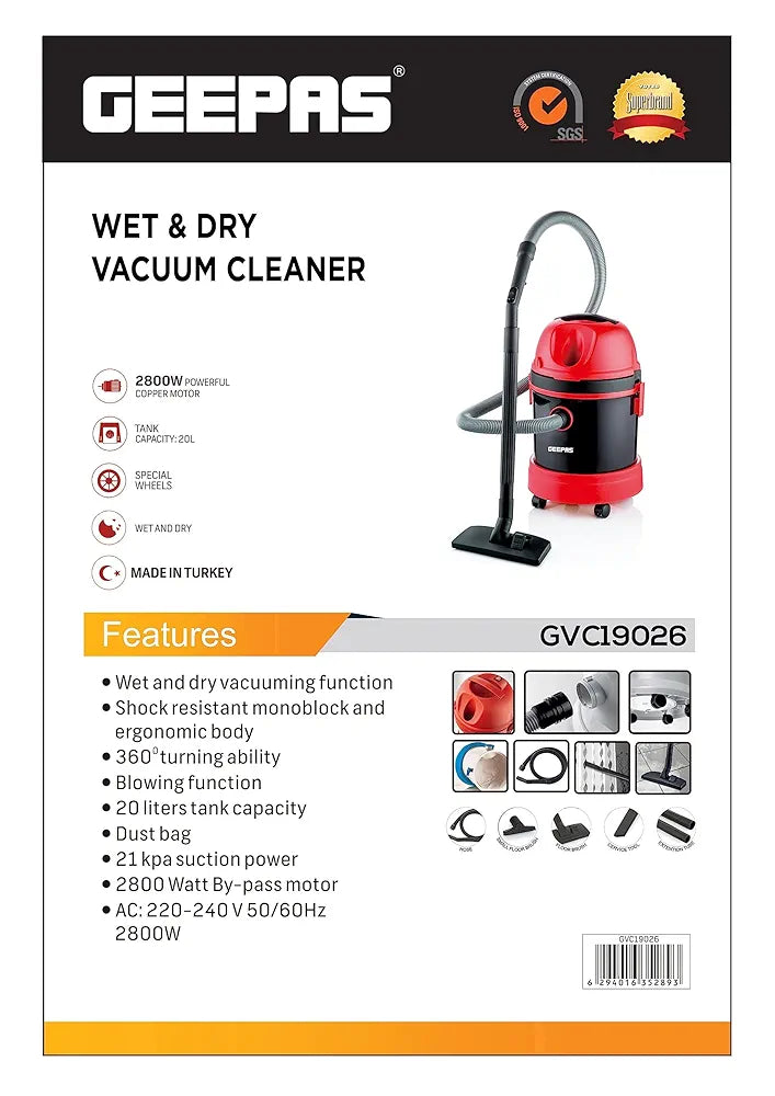 Geepas  Dry & Wet Vacuum Cleaner 20L Capacity 2800W